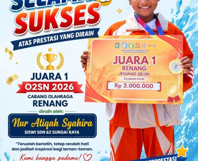 Membanggakan! Nur Atiqoh Syahira Raih Juara I Cabang Olahraga Renang Putri O2SN 2026 dan Wakili Kalimantan Barat di Tingkat Nasional
